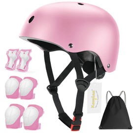 Kids Helmet with Knee And Elbow Pads - Adjustable Kids Helmet and 6pcs Wrist Guard Knee And Elbow Pads with Backpack for Cycling, Skateboarding & Scooting - Ideal for Boys & Girls Ages 3-8 (Pink)