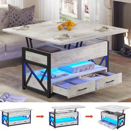 Itaar 40" Lift Top Coffee Table, 4 in 1 White Coffee Tables with Storage for Living Room, Small Coffee Table with 2 Drawers & LED Light for Dining Room, White