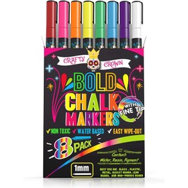 Chalky Crown - Chalk Pens for Blackboard Washable - Dry Wipe Markers for Chalkboards, Signs, Windows, Glass - Reversible Tip (Pack of 8) + 24 Chalkboard Labels, Multicoloured, 1 mm