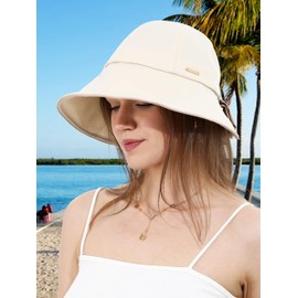 Sun Hat for Women Wide Brim Bucket Hats with Bow Ponytail Hole UV Protection Beach Cap for Summer UPF 50+(Beige)