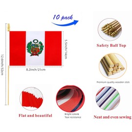 10 Pack Peru Flags -PE Handheld Flag- 5x8 in,Peruvian Mini Flag. Suitable For Party Decorations, Store Displays, Bar Decorations And National Day Parades.