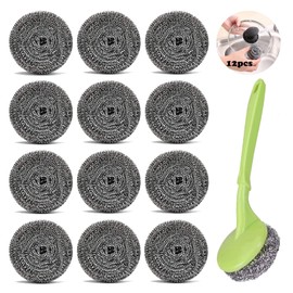 Scouring Pad Stainless Steel 12 Pieces Stainless Steel Scouring Spiral Scourer Stainless Steel Sponges Scourer Stainless Steel Sponges Scourer Stainless Steel with 1 Handle Steel Wool Sink for