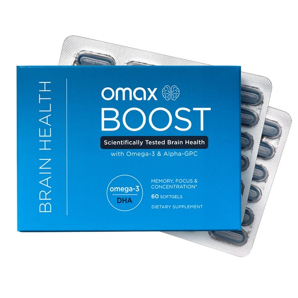Omax Boost Alpha GPC Brain Health Supplement with Omega 3 DHA +, Focus, Performance, Mood, Immunity, Aging | 60 Softgels
