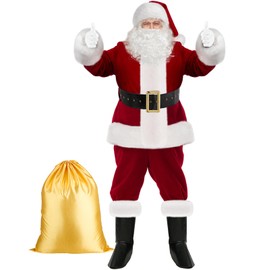 YAOGEG 9PCS Santa Claus Costume for Men,Deluxe Christmas Santa Costumes Professional Santa Outfit