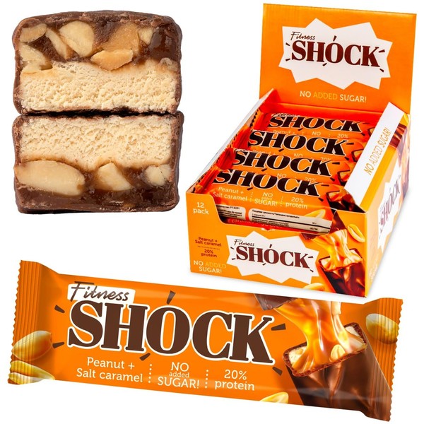 FitnesSHOCK Protein Bar Set Protein Bar without Added Sugar with High 20% Protein Content, Low Carb Fitness Protein Bar, Almost Sugar-Free (1 g) High-Fibre, Peanut-Salted Caramel, 12 x 50 g