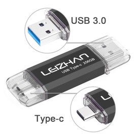 leizhan USB Stick 256GB Type C Memory Stick OTG Memory Stick 2-in-1 Flash Drive USB 3.0 Pen Drive for PC/Laptop/Notebook, and Other USB-C (256GB, Black)