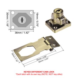PATIKIL Keyed Hasp Locks, 3 Pack 2.5 Inch Twist Knob Locking Hasp Lock Metal Safety Hasp Latches for Cabinet Small Door, Keyed Different, Bronze