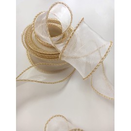 1-1/2 Inch 10 Yards Sheer Wired Organza Ribbon,Ivory Chiffon Ribbon with Golden Edge for Wrapping Bow Making Tree Wreaths Decoration
