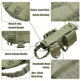 AIWAI Tactical Dog Harness with Pouches,Dog Vest Harness for Large Medium Dogs No-Pull Adjustable Military Dog Harness with Handle Walking Hiking Training (Army Green(with Leash), L)