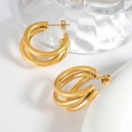 PRIIN 14K Gold Three Layer C shaped Earring