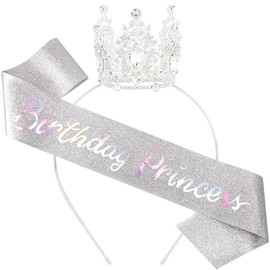 Birthday Princess Sash for Women Tiara & Crowns Headbands for Girls Happy Birthday Party Accessories Favor Supllies Leona Silver Pink, 2 Pack