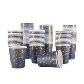 CEILIWEN 100-Pack 9oz (250ml) Navy Blue & Gold Foil Dot Party Cups - Elegant Royal Blue Paper Cups for Hot & Cold Beverages - Ideal for Weddings, Celebrations, and Events