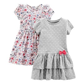 Simple Joys by Carter's Girls' Short-Sleeve and Sleeveless Dress Sets, Pack of 2, Grey Hearts/White Floral, 5T