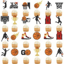 24pcs Glitter Basketball Party Cupcake Toppers Basketball Theme Birthday Party Decorations for Sports Player Party Baby Shower Supplies