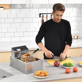 Electric Deep Fryer 10L/10.5QT Stainless Steel Single Tank Commercial Fryer with Basket, 1700W 110V Countertop Deep Fryer for Home Kitchen and Restaurant Use with Oil Thermometer & Temperature Control