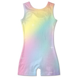 uideazone Girls Rainbow Leotards for Gymnastics Size 7 8 Sparkly Rainbow Pattern Biketards Kids One Piece Stretchy Dance Unitards with Shorts