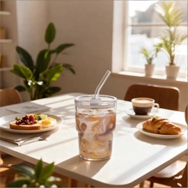 BLUEPOLAR 13oz/400ml Glass Water Tumbler with Straw and Lid Sealed Carry On Thick Wall Iced Coffee Cup Glass Cup for Water, Iced Tea Fruit Juice Etc(Aurora White