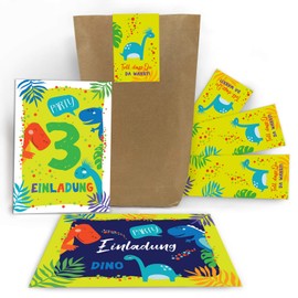Junaversum 12 Invitation Cards for 3rd Children's Birthday Boys Dinosaur Invitations Third Birthday Includes 12 Envelopes, 12 Bags, 12 Stickers