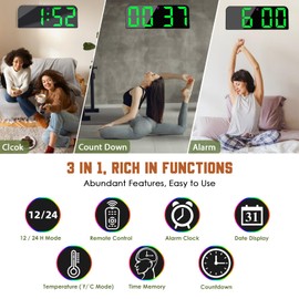 Koolertron Digital Wall Clock 9.5 Inch Large Display, Digital Clock with Remote Control, Wall Clock Digital with Countdown, Time, Date, Temperature, for Living Room, Kitchen, Office, Gym (Green)