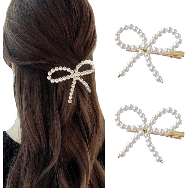 2Pcs Elegant Pearl Bow Hair Clip White Pearl Bow Duckbill