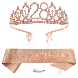 Rose Gold 28th Birthday Crown and Sash Girls 28th Birthday Decoration Rhinestone Birthday Tiara Princess Crown Queen Tiara Birthday Sash Girls 28th Birthday Decoration Party Clothing Accessories,