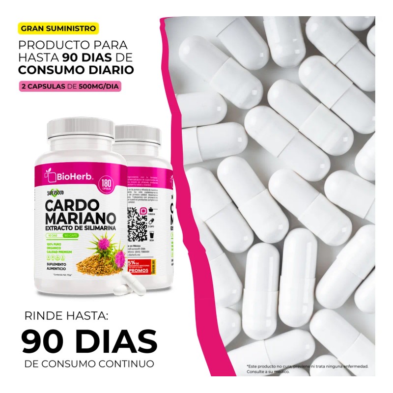 Cardo Mariano 100% Puro Extracto De Silimarina Bioherb 180 Cápsulas