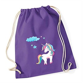 minimutz Gym Bag Unicorn for Girls | Fabric Bag Cotton Unicorn with Stars | Sports Bag with Drawstring 37 cm x 46 cm, purple