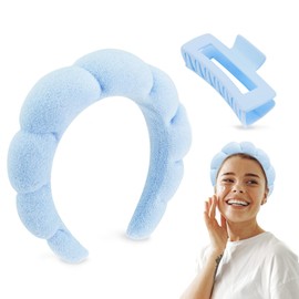 ZEPHRA Spa Headband & Claw Clip Set –Non-Slip Puffy Makeup Headband for Washing Face, Soft Absorbent Terry Cloth Bubble Skincare Hairband with 1 Hair Claw for Beauty Routine (Pastel Blue)