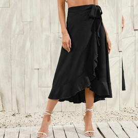 Odizli Women's Elegant High Waist Ruffle Wrap Skirt Summer Midi Long Skirt, black