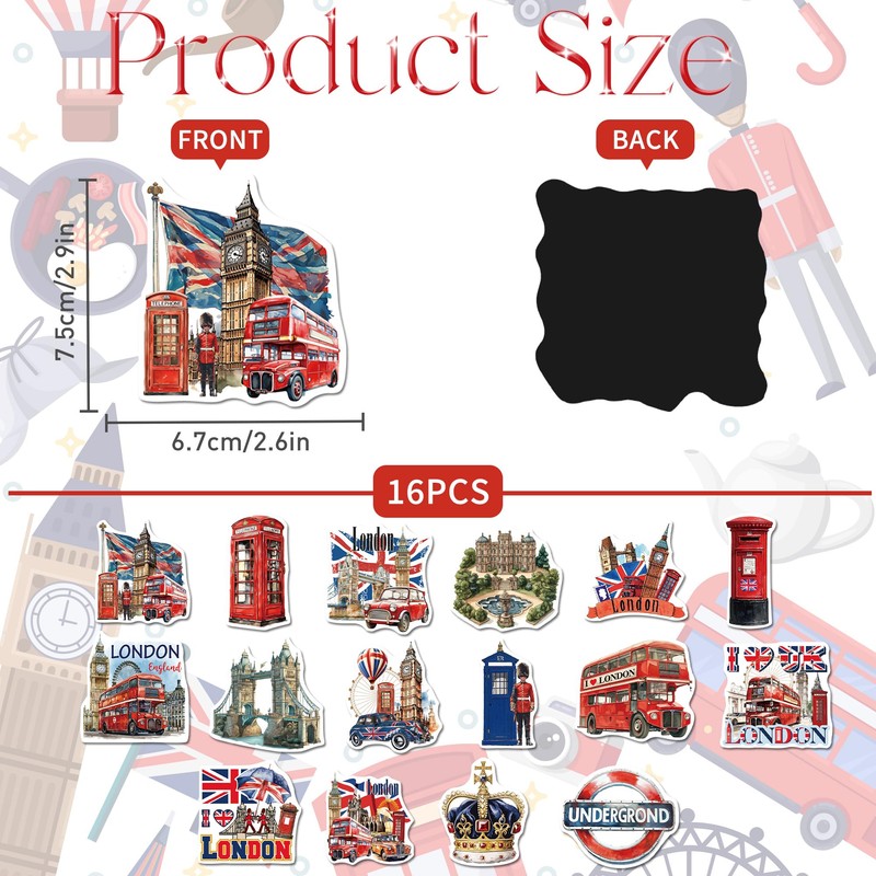 16PCS London Fridge Magnets, England London Icons Themed Refrigerator Locker