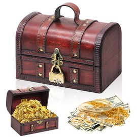 Forbabe Wooden Treasure Chest with Lock, Children's Birthday Treasure Chest with Lid, Treasure Chest with Combination Lock, Wooden Treasure Chest with Lid (20 x 13 x 12, with Handle)