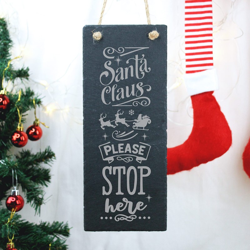 eBuyGB Santa Claus Please Stop Here Sign, Slate Christmas Hanging