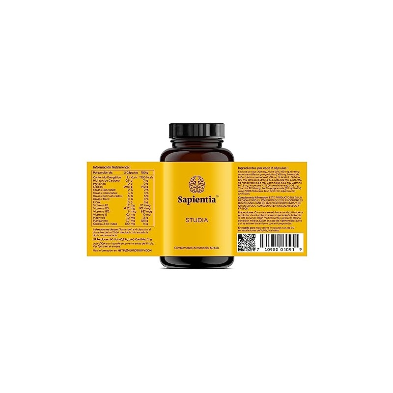 Sapientia Studia Nootrópico 100% natural - Complejo B, Leticina de
