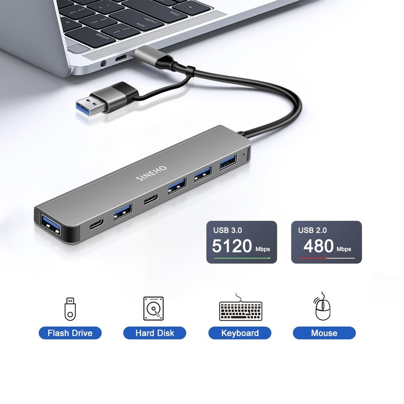 SINEHO 7-in-1 Dual USB Hub (USB-C & USB-A Input), USB