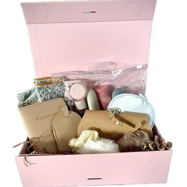 Gift Box for Women - Passport Cover, Luggage Tag, Socks, Sleep Mask, Sunglass Case, Scrunchies, Beauty Containers, and More! - Set - Color: Pink Box