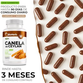 BioHerb® | Canela de Ceylán 100% Pura (Certificada de Origen) – 180 Cápsulas de 500 mg (Suministro 90 Días) – Alta Concentración y Absorción – Extrema