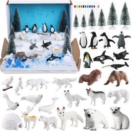 Entollar 40 Pcs Arctic Animal Figurines Set, Complete School Projects Polar Animals Diorama Kit with Bear, Penguin, Fox, Walrus, Reindeer, Trees & Fake Ice, Preschool Educational Toys Birthday Gift