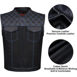 Dream Apparel Men’s SOA Denim & Leather Motorcycle Vest for Riding w/ 2 Concealed Carry Pockets, Biker Vest Black Club Vest w/Zipper and Snap Closure, 5 Snap Front Cowhide Leather Vest
