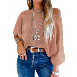 EVALESS 3/4 Length Sleeve Tops for Women Cute Batwing Sleeve Boat Neck One Shoulder Shirts Knitted T Shirts Apricot Pink Large