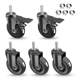 MALLLALA Caster Wheels Sets 5 (2 w Safety Dual Brakes,3 No Brake),3 inch Heavy Duty Swivel Castors with 3/8"-16UNC Threaded Stem,No Noise Rubber Wheel,Protection of Hardwood,Carpet,Fit Chair,Workbench