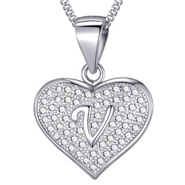 MASADA 925 Silver Heart Letter Necklace - Initial Pendant with Cubic Zirconia Stones - 46 cm Chain, with Velvet Bag