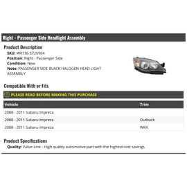 Right Passenger Side Halogen Headlight Assembly - Black - Compatible with 2008-2011 Subaru Impreza