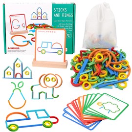 Montessori Learning Toy from 3 Years, Montessori Toy, Preschool Games, 120 Wooden Pieces and Rings 20 Cards for Countless Exciting Figures, Educational Toy, Geometry Board Boys Girls Gift (A)