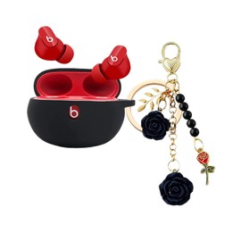 Case for Beats Studio Buds + Case Cover 2023/2021, Women Girly Teen Cute Silicone Beats Studio Buds Charging Case Cover Wireless Earbuds Protective with Flowers Charms Keychain (Black)
