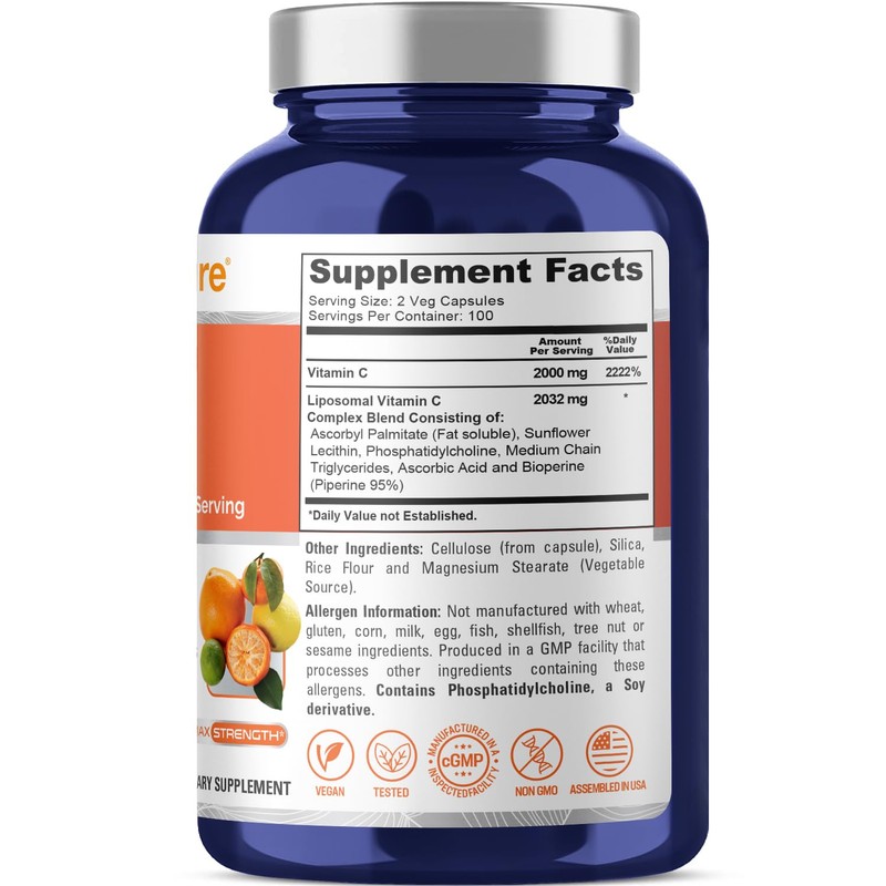 NusaPure Liposomal Vitamin C 2032mg - 200 Veggie Vegan Capsules,