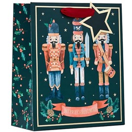 Design By Violet Merry Christmas Nutcracker Gift Bag with Red Handle and Star Gift Tag Xmas Gift Wrap Medium