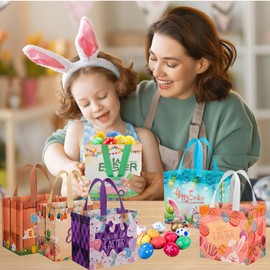 6 Pack Happy Easter Gift Bags with Handles - Reusable Easter Egg Hunt Bag, Multifunctional Non-Woven Easter Tote Goodie Bags for Easter Gifts Wrapping, Party Favors and Supplies, 8.3×8×5.9 inch