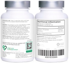 LOVE LIFE SUPPLEMENTS Quercetin & Bromelain Supplement | 60 Capsules -30 Servings | Powerful Antioxidant | 1000mg Quercetin (from Sophora japonica) and 500 GDU Bromelain (from Pineapple) per Serving | Love Life Supplements