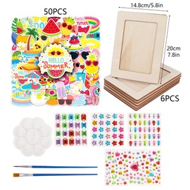 Qaziuy DIY Kids Photo Frame, 6Pcs Wooden Art Frame Picture Frame Painting Craft Kit with 50 Summer Stickers Rhinestone Stickers 2 Brushes for DIY Kids Craft Picture Frame Kits