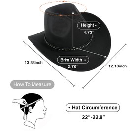 Cowboy Hat for Women and Men, Western Cowboy Hat, Wide Edge Chinlon Western Felt Outdoor Hat, Suitable for Men and Women, Classic Cowboy Hat, Party Hat Photo Prop, Black